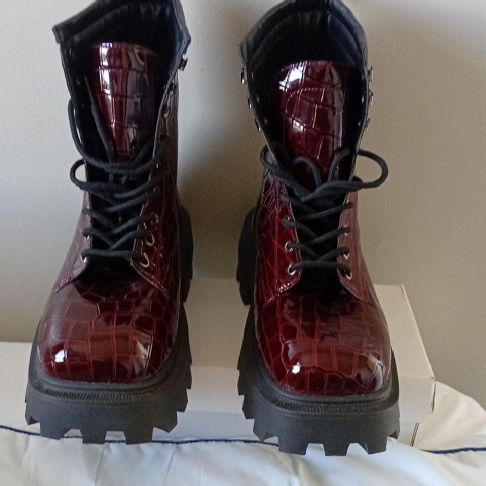 Topshop Burgundy Croc-Patterned Moto Boots